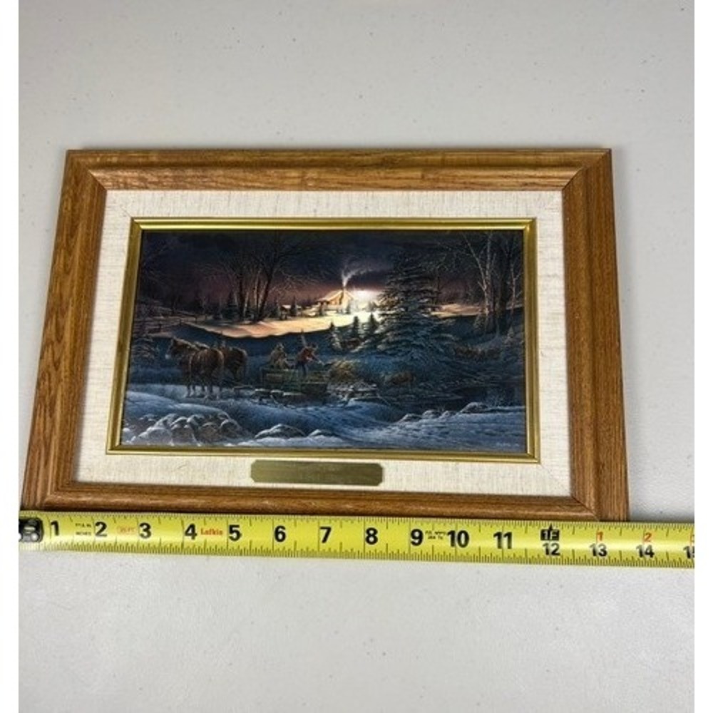 Terry Redlin A Helping Hand Framed Linen Plaque Oak Frame Winter Scene 14x9 - Picture 8 of 8